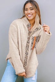 Leopard Snap Down Pocketed Collared Neck Jacket - Beige / S