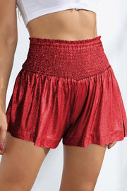 Glitter Smocked High-Waist Shorts - Deep Red / S