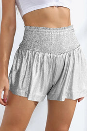 Glitter Smocked High-Waist Shorts - Silver / S