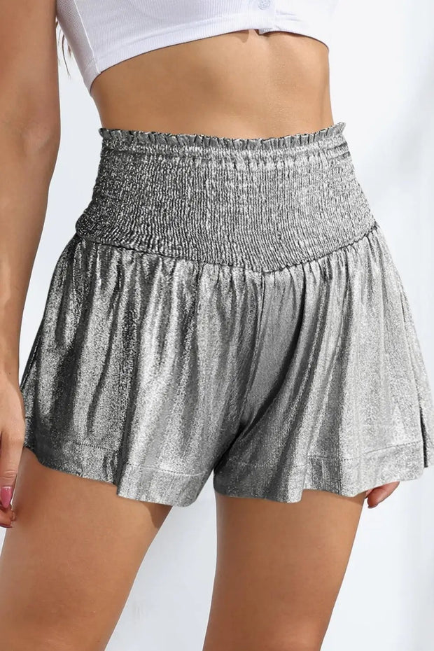 Glitter Smocked High-Waist Shorts - Black/Silver / S
