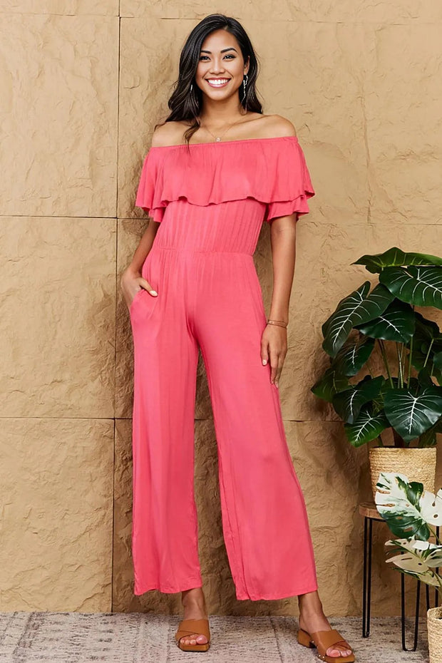 Heimish My Favorite Full Size Off-Shoulder Jumpsuit with Pockets - Coral / S