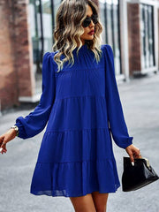 Long-sleeved jacquard fur ball elegant A-line dress - Blue / M