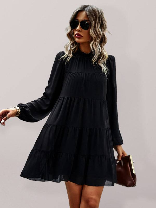 Long-sleeved jacquard fur ball elegant A-line dress - Black / S