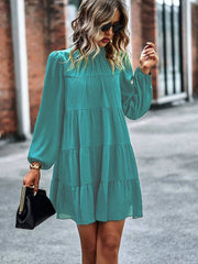 Long-sleeved jacquard fur ball elegant A-line dress - Green / S