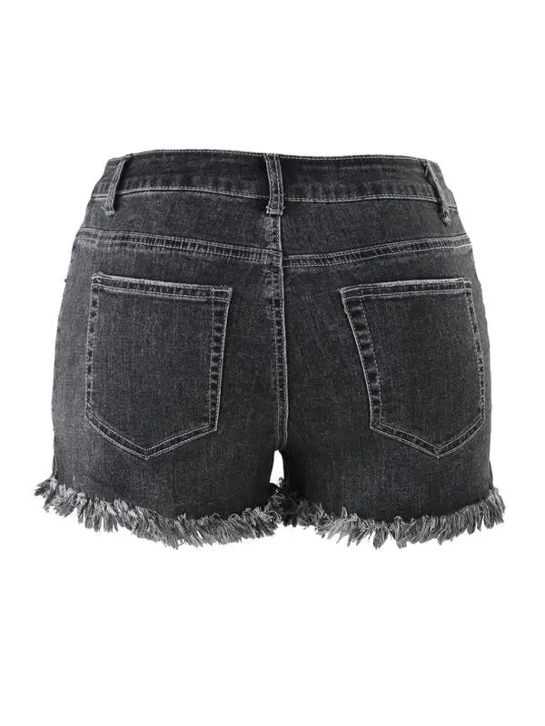 a pair of black denim shorts with frays