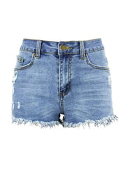a women's jean shorts with frays and buttons