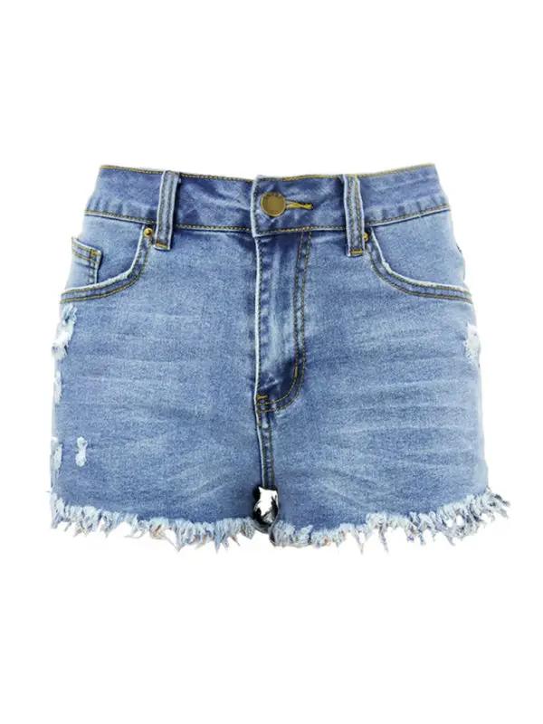 a women's jean shorts with frays and buttons
