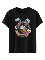 a black t - shirt with an image of a dog wearing bunny ears
