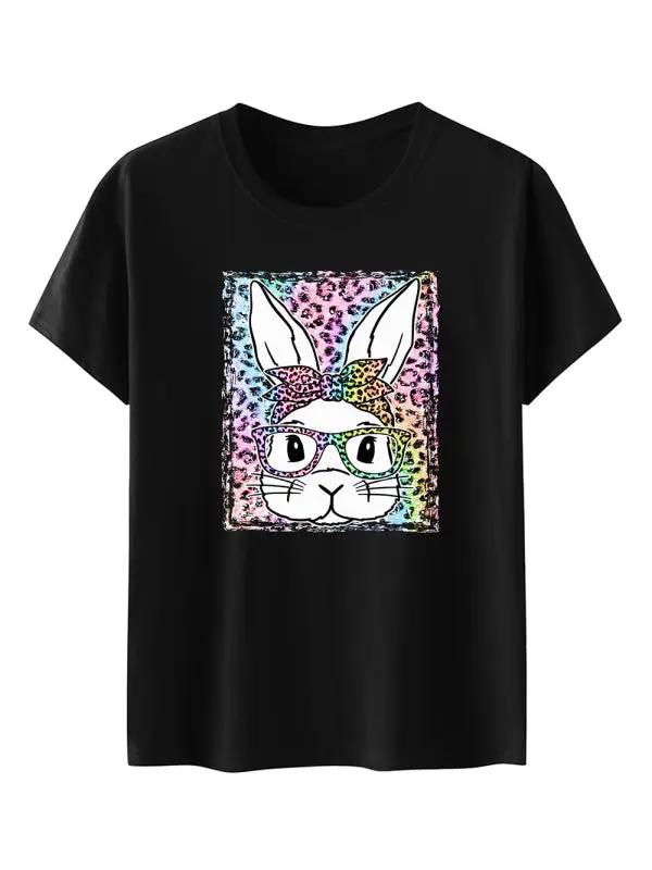 a black t shirt with an image of a rabbit wearing glasses
