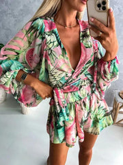 Women's woven floral long-sleeved shorts V-neck tropical rainforest jumpsuit