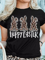 New Ladies Leopard Bunny Easter Explosion Style Urban Casual Short-sleeved T-Shirt Top - Black / S