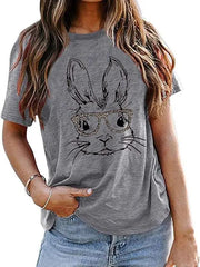 New Ladies Leopard Bunny Easter Explosion Style Urban Casual Short-sleeved T-Shirt Top - Charcoal grey / S