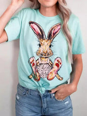 New Ladies Leopard Bunny Easter Explosion Style Urban Casual Short-sleeved T-Shirt Top - Clear blue / S
