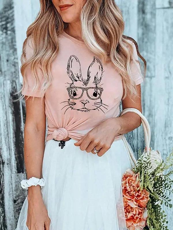 New Ladies Leopard Bunny Easter Explosion Style Urban Casual Short-sleeved T-Shirt Top - Pink / S
