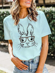New Ladies Leopard Bunny Easter Explosion Style Urban Casual Short-sleeved T-Shirt Top - Sky blue azure / S