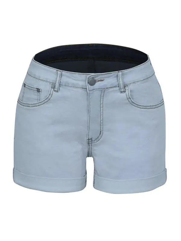 a pair of light blue shorts with a black belt