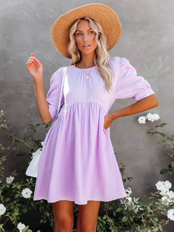 New spring and summer new women's solid color dress - Lavender / S