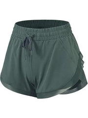 New Fake Two Piece Gym Shorts Women High Waist Elastic Tight Sports Yoga Pants - Green / S