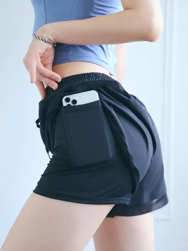 New Fake Two Piece Gym Shorts Women High Waist Elastic Tight Sports Yoga Pants - Pitch-black / S