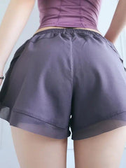 New Fake Two Piece Gym Shorts Women High Waist Elastic Tight Sports Yoga Pants -