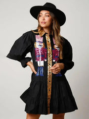 Contrast color long sleeve lapel Christmas sequin dress - Black / S