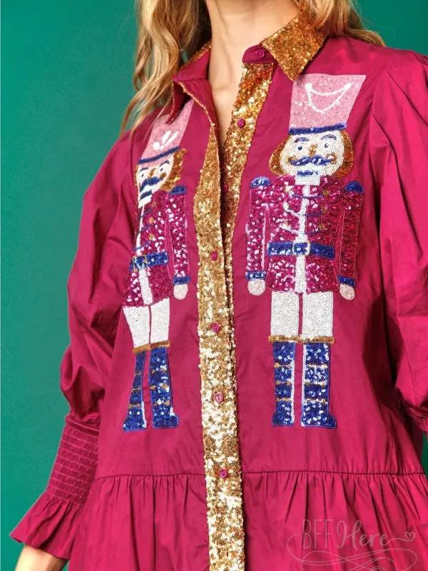Contrast color long sleeve lapel Christmas sequin dress -