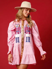 Contrast color long sleeve lapel Christmas sequin dress - Pink / S