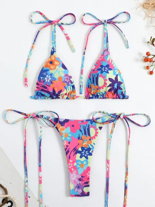 Feminine printed high-waisted strappy two-piece bikini -