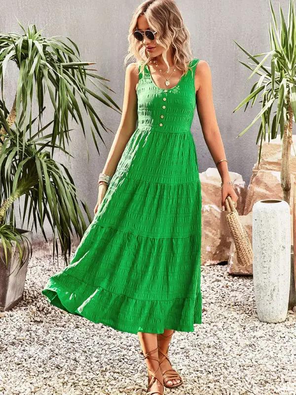 a woman wearing a green dress and sandals