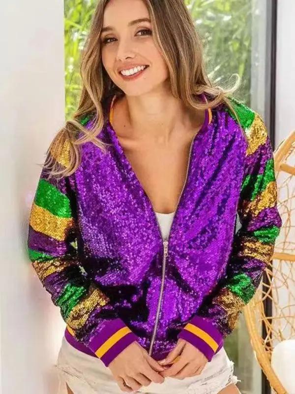 New women's sequined baseball jacket - Purple / FREESIZE