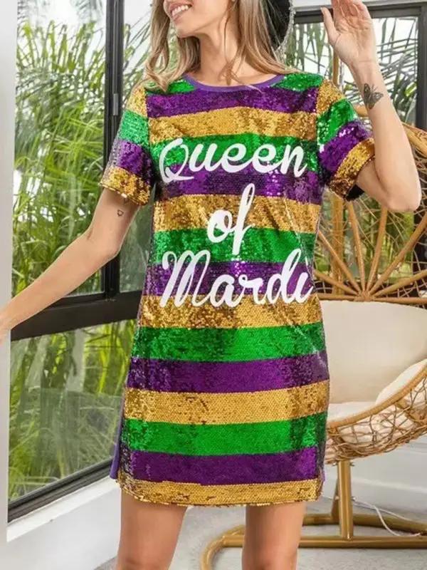 New women's mid-length striped lettering sequined T-shirt dress -