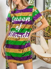 New women's mid-length striped lettering sequined T-shirt dress - Purple / FREESIZE
