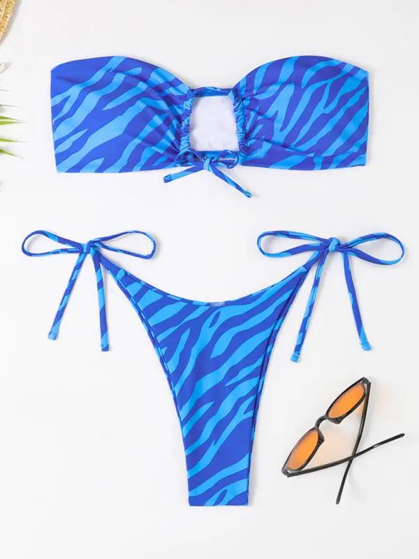 Women's Tight Backless Tankini Swimsuit Animal Print Strap Bikini Set - Blue / S
