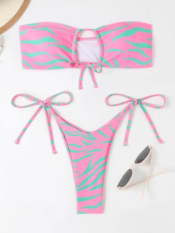 Women's Tight Backless Tankini Swimsuit Animal Print Strap Bikini Set - Lotus root Pink / S