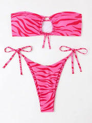 Women's Tight Backless Tankini Swimsuit Animal Print Strap Bikini Set - Rose / S