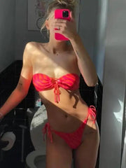 Women's Tight Backless Tankini Swimsuit Animal Print Strap Bikini Set - Red / S