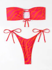 Women's Tight Backless Tankini Swimsuit Animal Print Strap Bikini Set -