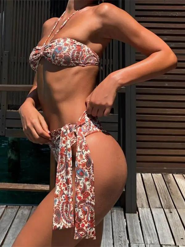 New high waist solid color strap bikini sexy backless printed split swimsuit -
