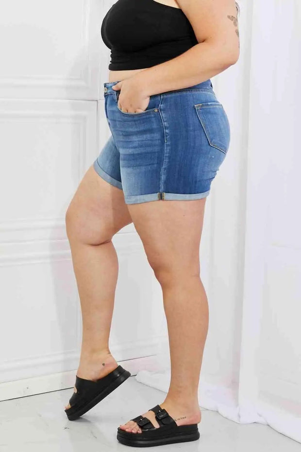 Kancan Full Size High Rise Medium Stone Wash Denim Shorts -