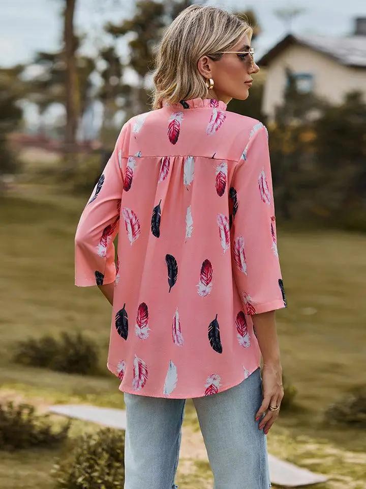 Printed Roll-Tab Sleeve Notched Neck Blouse -