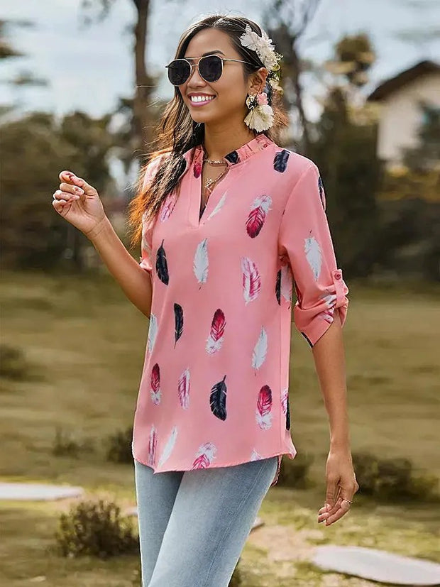 Printed Roll-Tab Sleeve Notched Neck Blouse -