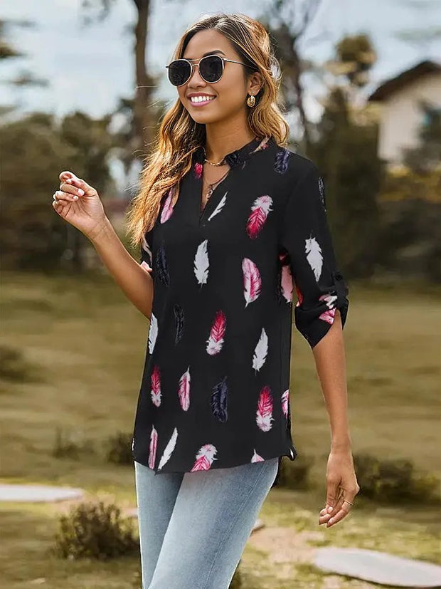 Printed Roll-Tab Sleeve Notched Neck Blouse -