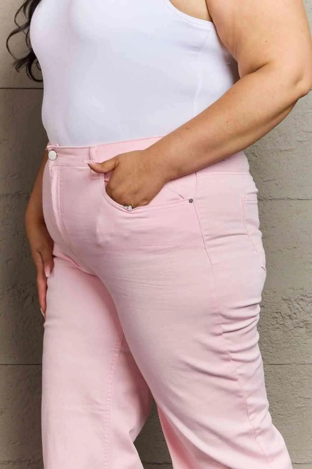 RISEN Raelene Full Size High Waist Wide Leg Jeans in Light PinkThese jeans are designed to elevate your fashion game while providing a flattering and comfortable fit. These high-rise jeans offer a chic and modern look that complJeans