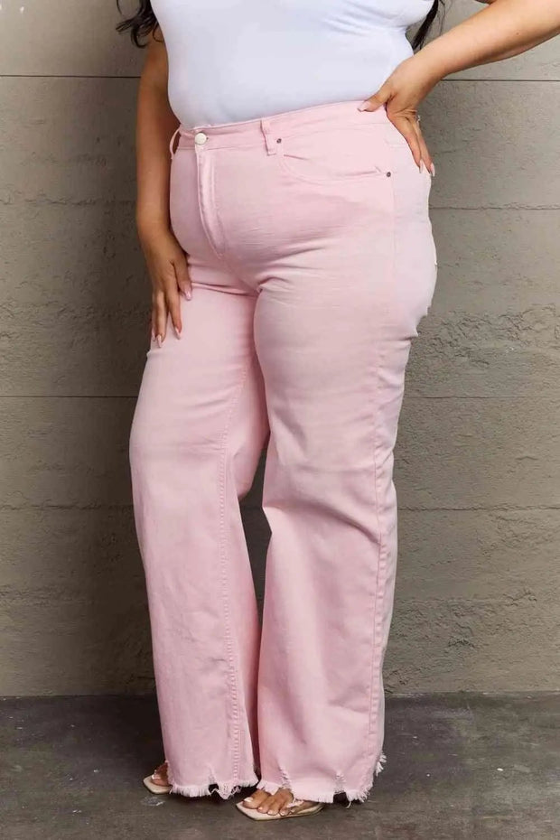 RISEN Raelene Full Size High Waist Wide Leg Jeans in Light PinkThese jeans are designed to elevate your fashion game while providing a flattering and comfortable fit. These high-rise jeans offer a chic and modern look that complJeans