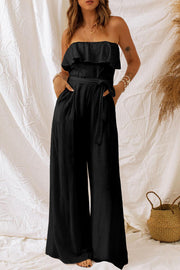 Tie-Waist Ruffled Strapless Wide Leg Jumpsuit
Pattern type: Solid
Style: Chic
Features: Ruffle, Tie, Pockets
Neckline: Straight
Length: Long
Sleeve length: Sleeveless
Sleeve type: Sleeveless
Material compositioJumpsuits & Rompers